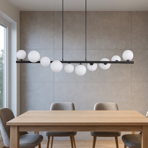 Lampadario nero design sfere vetro bianco per soggiorno moderno