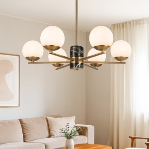 Lampadario moderno per soggiorno colore oro 6 luci sferiche vetro bianco