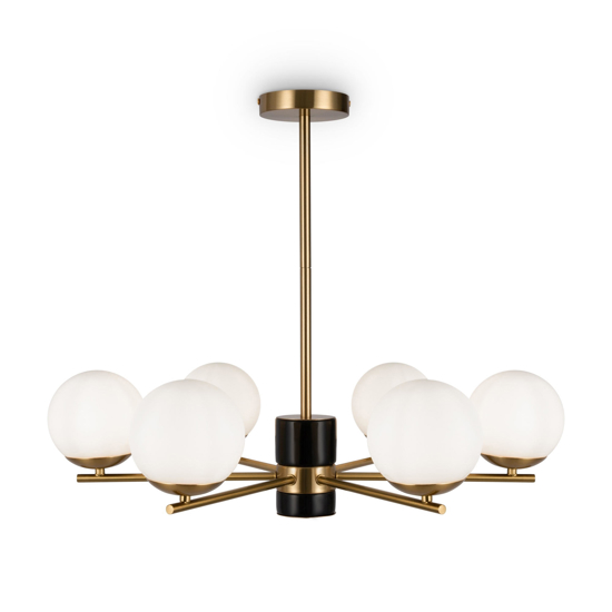 Lampadario moderno per soggiorno colore oro 6 luci sferiche vetro bianco