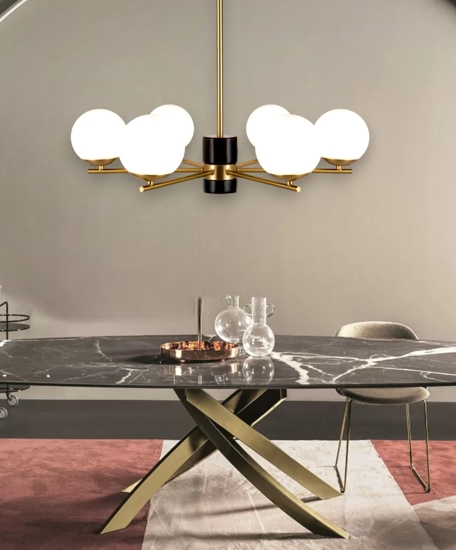 Lampadario moderno per soggiorno colore oro 6 luci sferiche vetro bianco