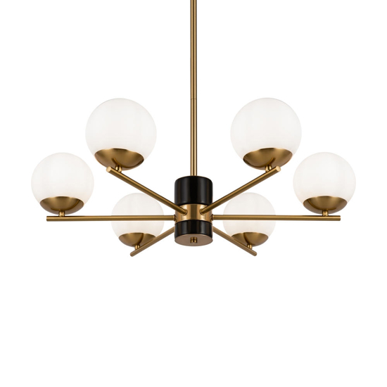 Lampadario moderno per soggiorno colore oro 6 luci sferiche vetro bianco