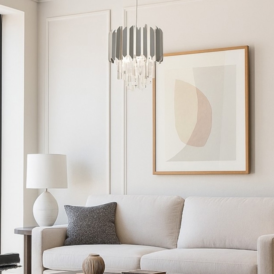 Lampadario per soggiorno cromo con cristalli elegante
