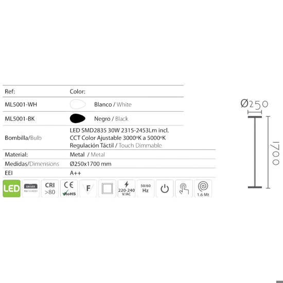 Piantana bianca led 30w dimmerabile da 3000k a 5000k