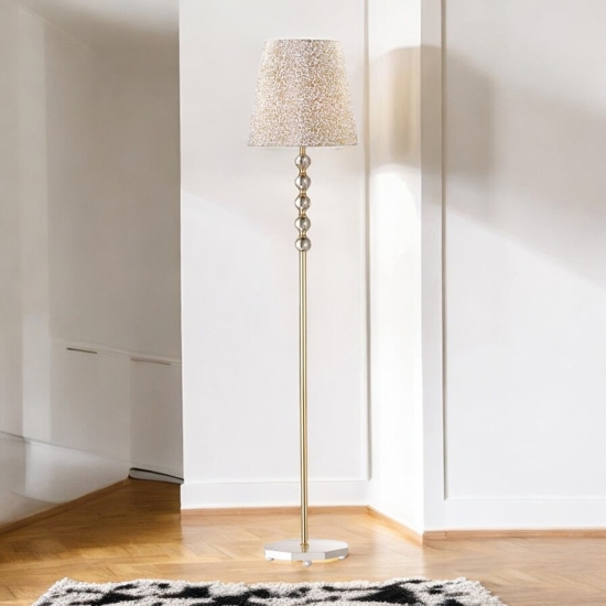 Queen pt1 ideal lux piantana classica paralume tessuto glitter oro inserti di cristallo