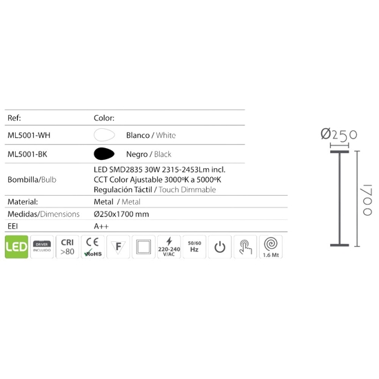 Lampada da terra led 30w 3000k a 5000k dimmerabile nera moderna