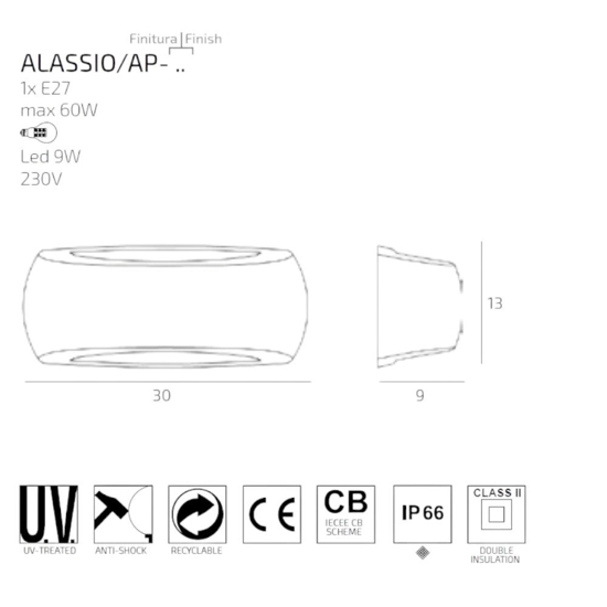 Alassio top light grigio applique esterno anti corrosione ip66