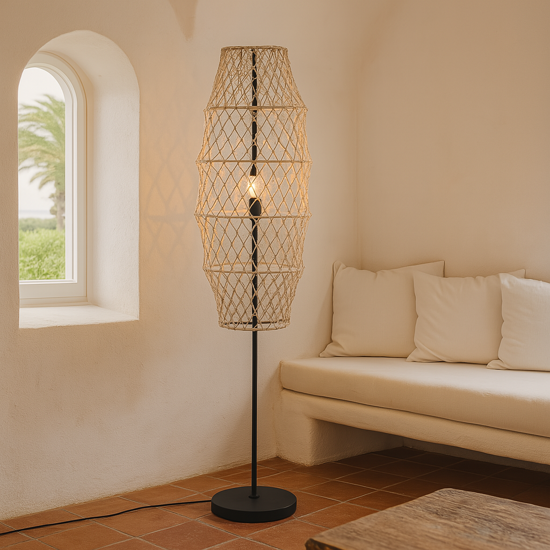 Lampada da terra rustica in vimini per salotto metallo nero