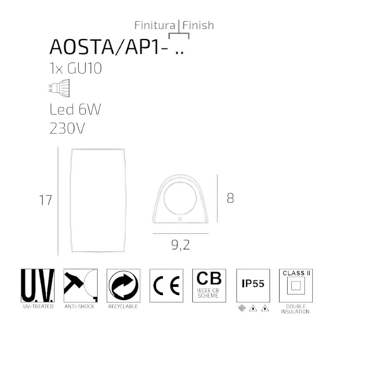 Applique bianca per esterni top light aosta monoemissione ip55