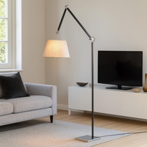 Piantana lampada arco nera orientabile paralume grigio moderna