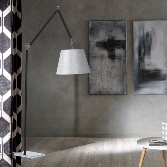 Piantana lampada arco nera orientabile paralume grigio moderna