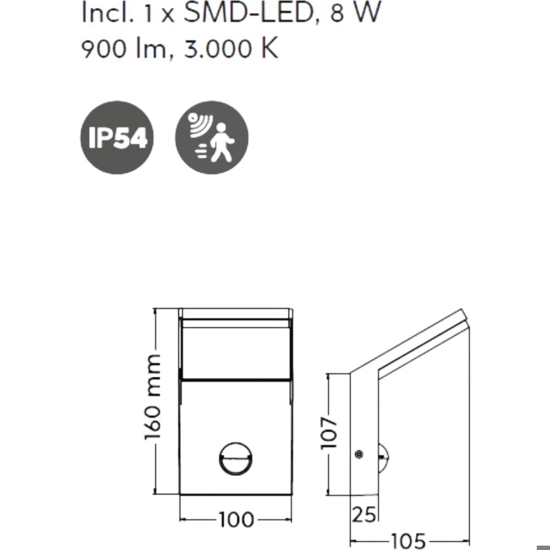 Applique da esterno con sensore movimento led 8w 3000k antracite