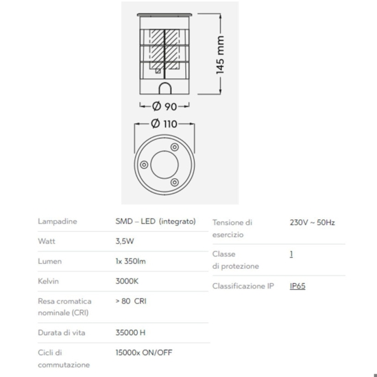 Faretto per esterno da incasso a pavimento led 3,5w 3000k