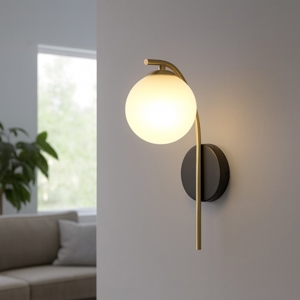 Applique nero oro sfera di vetro bianco per soggiorno