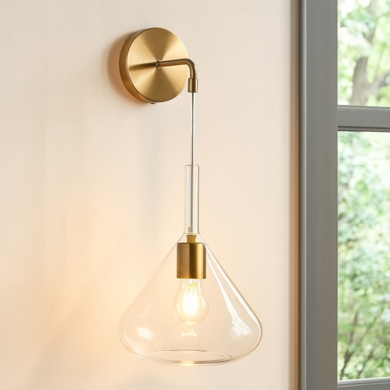 Applique pendente in vetro trasparente ottone satinato kona