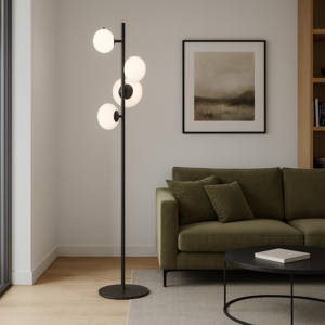 Lampada da terra contemporanea metallo nero vetro bianco