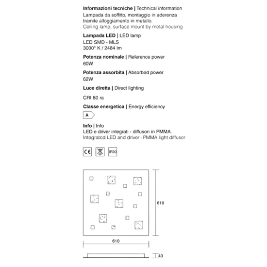 Plafoniera led 60w 3000k bianca quadrata isyluce extra-large