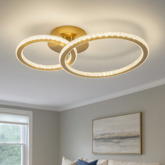 Plafoniera led design cerchi oro per camera da letto stile contemporaneo