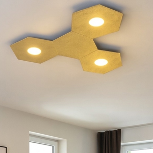 Plafoniera led moderna decoro foglia oro 3 luci + 1 piastra decorativa