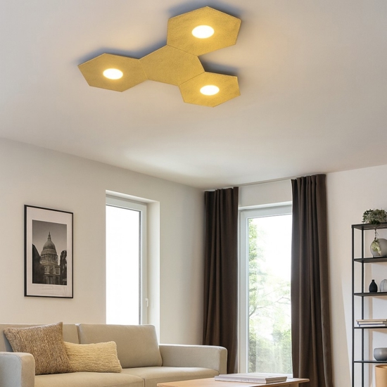 Plafoniera led moderna decoro foglia oro 3 luci + 1 piastra decorativa