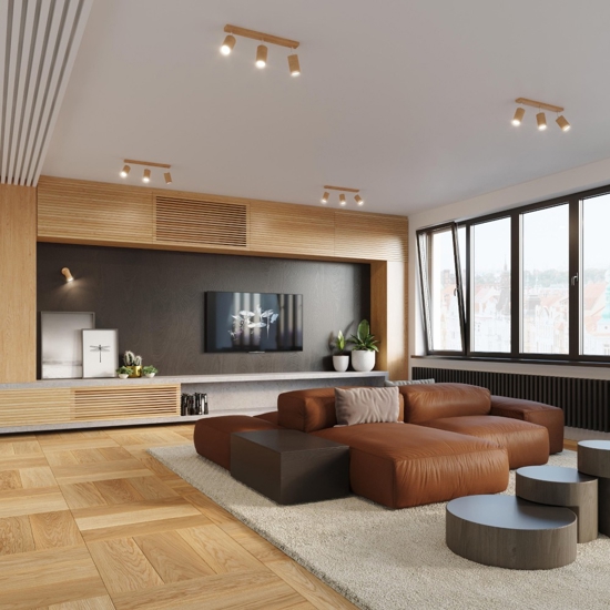 Plafoniera da soffitto per cucina in legno con faretti orientabili