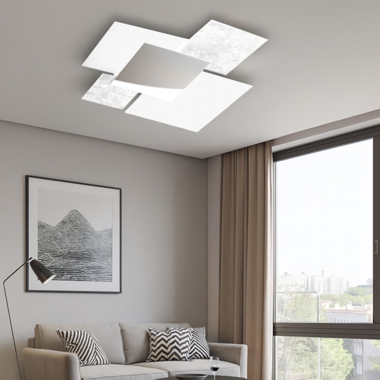 Plafoniera moderna da cucina 71cm vetri bianco foglia argento top light shadow