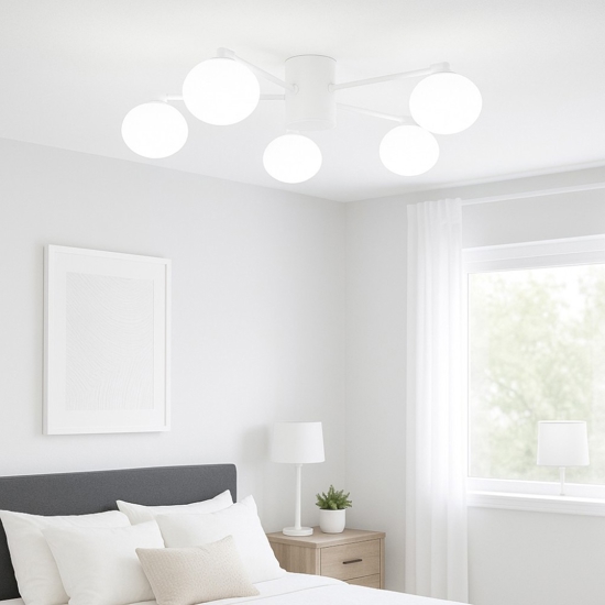 Ideal lux hermes pl5 d90 plafoniera 5 sfere vetro bianco per salotto moderna
