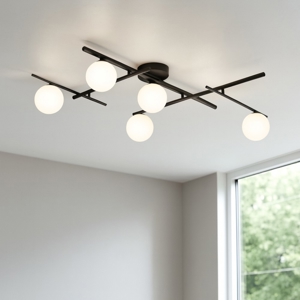 Ideal lux atlas pl5 plafoniera nera 5 bocce vetro bianco moderna