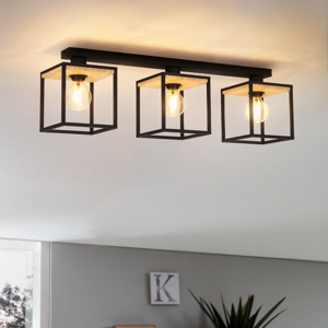 Libertad eglo plafoniera moderna nera con dettagli in legno 3 luci