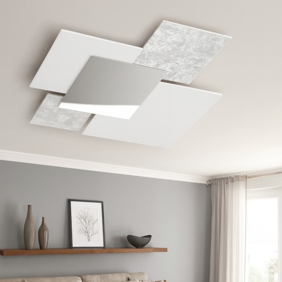 Plafoniera per cucina moderna 46cm toplight shadow vetri bianco foglia argento