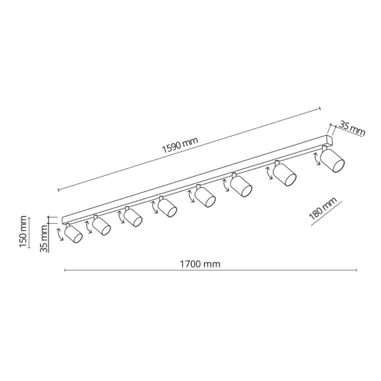 Plafoniera a binario nera 170cm con 8 faretti orientabili