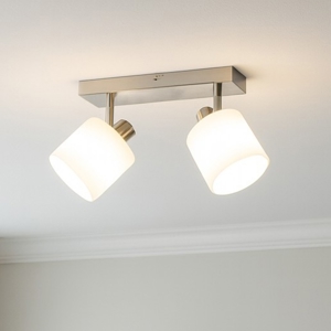 Plafoniera 2 luci orientabili nichel paralumi tessuto bianco