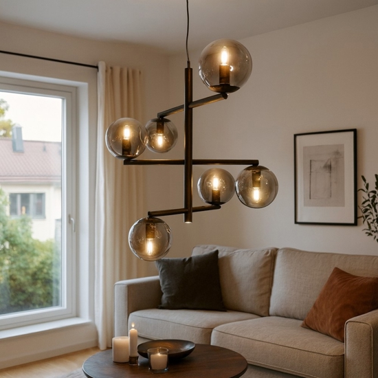 Ondaluce so gizah lampadario moderno nero da soggiorno 6 luci vetri fume