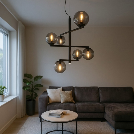 Ondaluce so gizah lampadario moderno nero da soggiorno 6 luci vetri fume