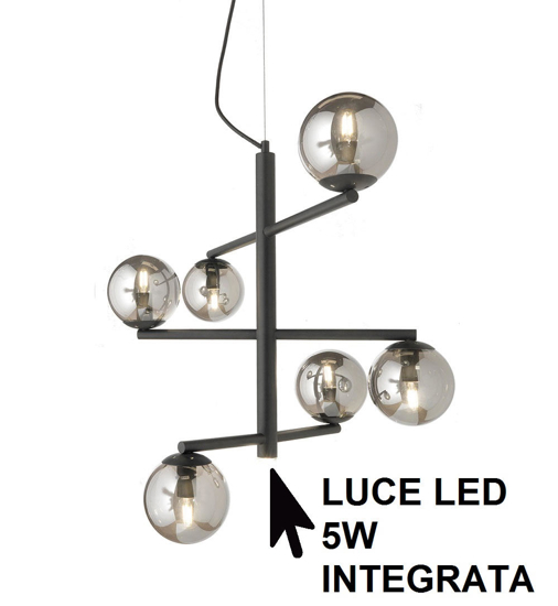 Ondaluce so gizah lampadario moderno nero da soggiorno 6 luci vetri fume