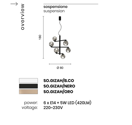 Ondaluce so gizah lampadario moderno nero da soggiorno 6 luci vetri fume