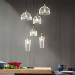 Lampadario moderno puck ondaluce vetri trasparente metallo oro