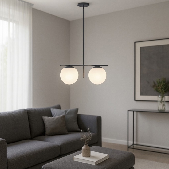 Lampadario moderno jugen miloox ottanio due sfere vetro bianco