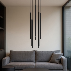 Lampadario a cascata 7 luci nero cilindri pendenti per soggiorno