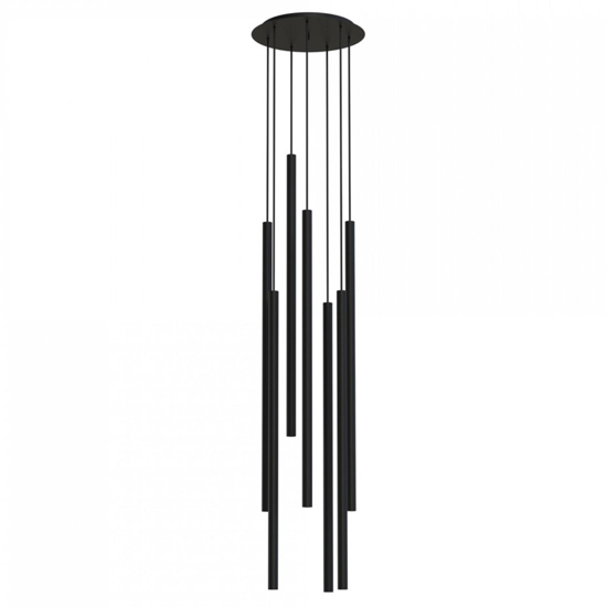 Lampadario a cascata 7 luci nero cilindri pendenti per soggiorno