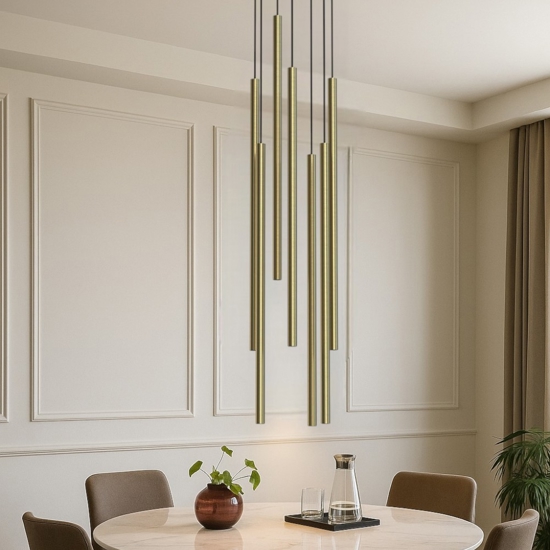Lampadario moderno a cascata 7 luci cilindri oro per soggiorno