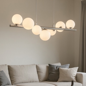 Lampadario design cromato sfere vetro bianco per soggiorno moderno