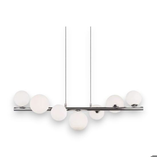 Lampadario design cromato sfere vetro bianco per soggiorno moderno