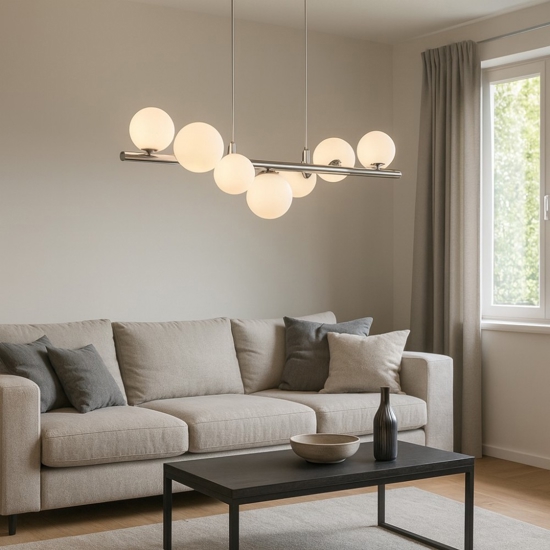 Lampadario design cromato sfere vetro bianco per soggiorno moderno