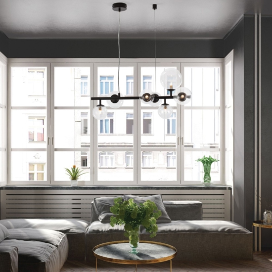 Lampadario design per soggiorno moderno nero con sfere di vetro