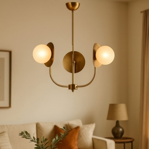 Lampadario oro ottone sfere vetro bianco