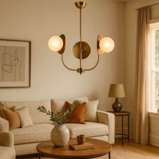 Lampadario oro ottone sfere vetro bianco