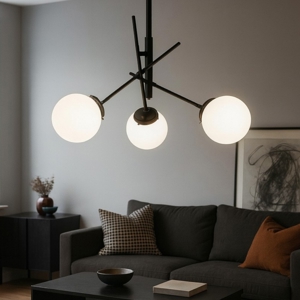 Lampadario per salotto moderno nero sfere vetro bianco