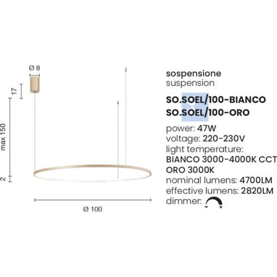 Ondaluce so soel 100 bianco lampadario cerchio led 47w 3000k 4000k