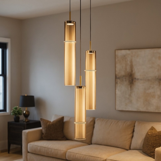 Lampadario per soggiorno moderno vetri ambra led 9w 3000k