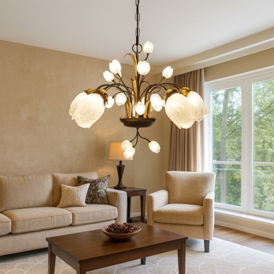 Mm lampadario tulipani ferro battuto con vetri fp per soggiorno